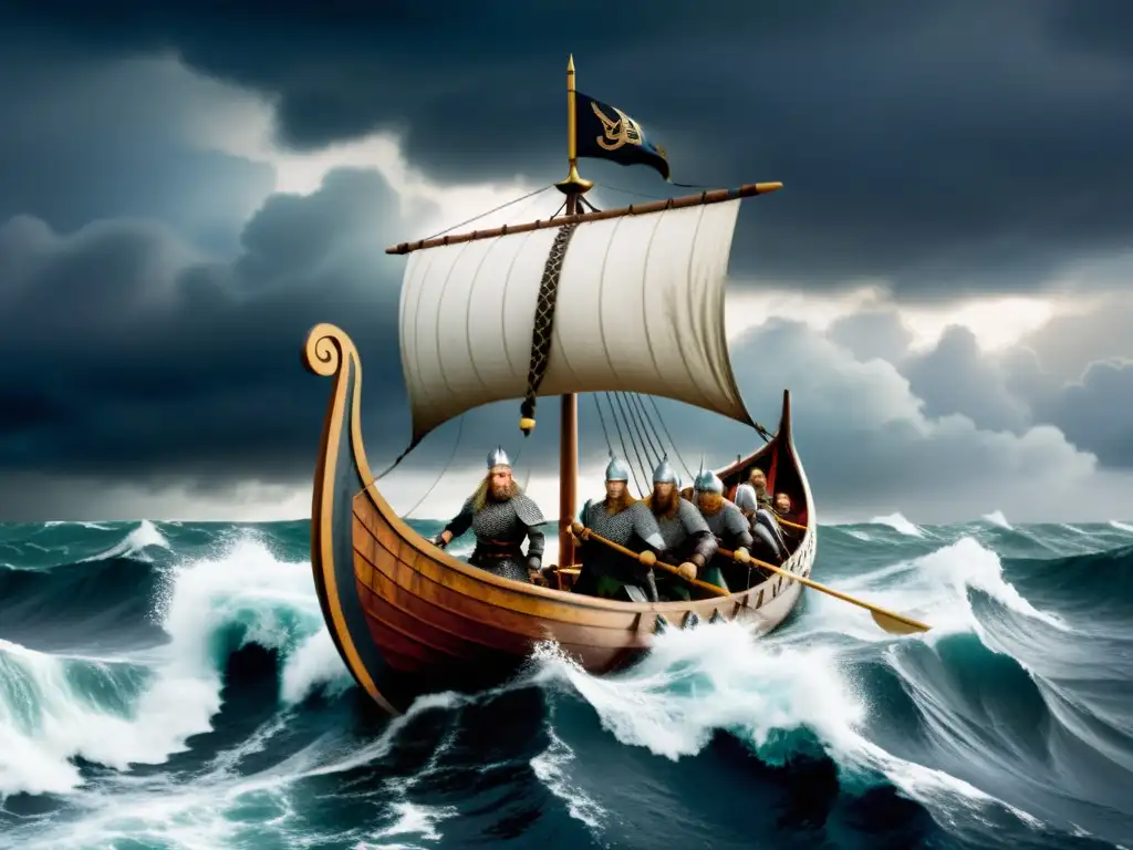 Estudios vikingos en la educación: Un drakkar vikingo navegando en mares turbulentos con guerreros y cielo tormentoso