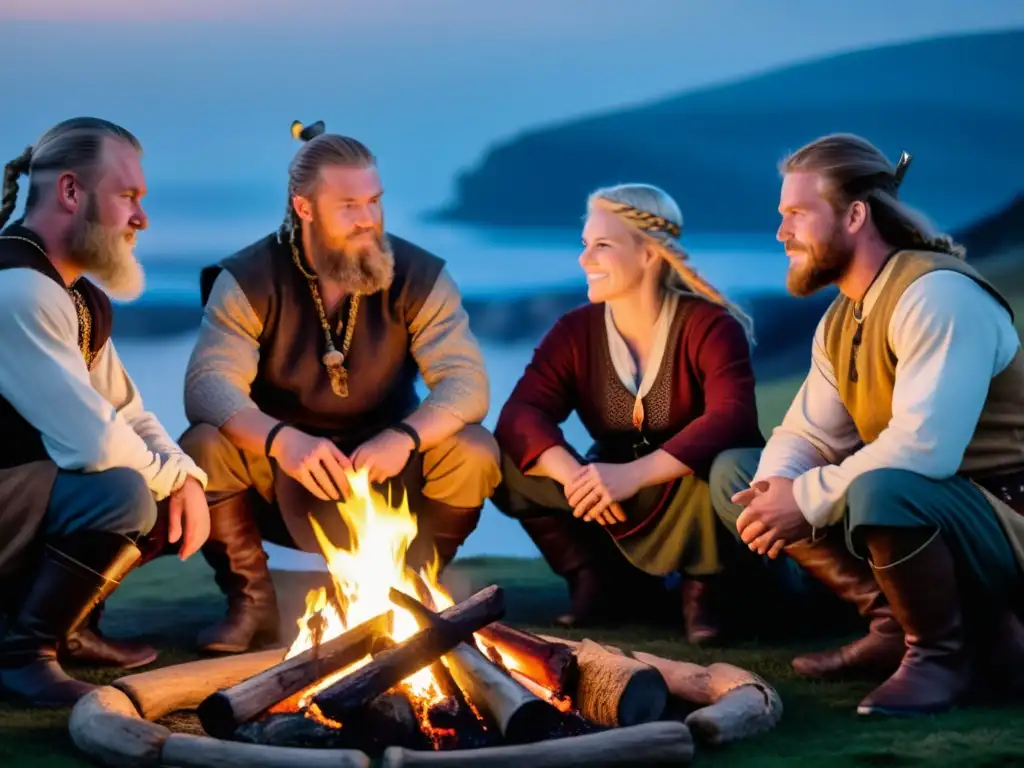 Recreación de la ética y moral vikinga: reenactores vikingos alrededor de una fogata en la noche, inmersos en historias