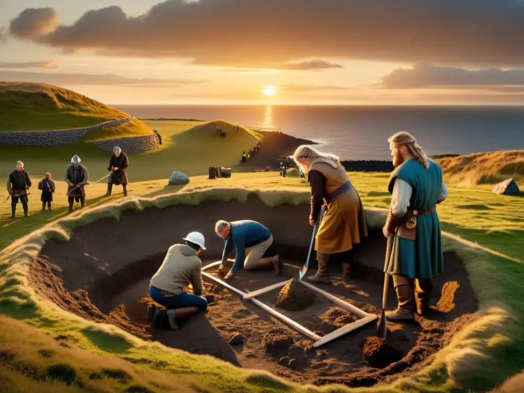 Excavación arqueológica al atardecer en sitio vikingo: misterio y legado vikingo historia arqueología desvelados