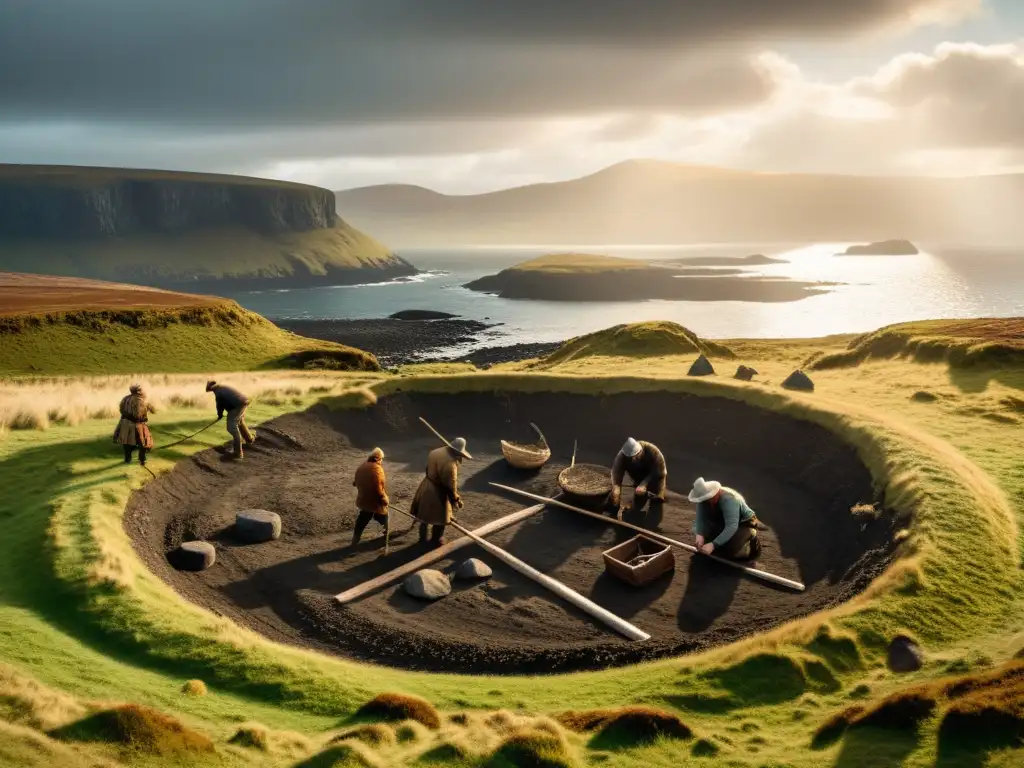 Excavación de arqueólogos en sitio funerario vikingo en Irlanda, con luz dramática y sombras largas