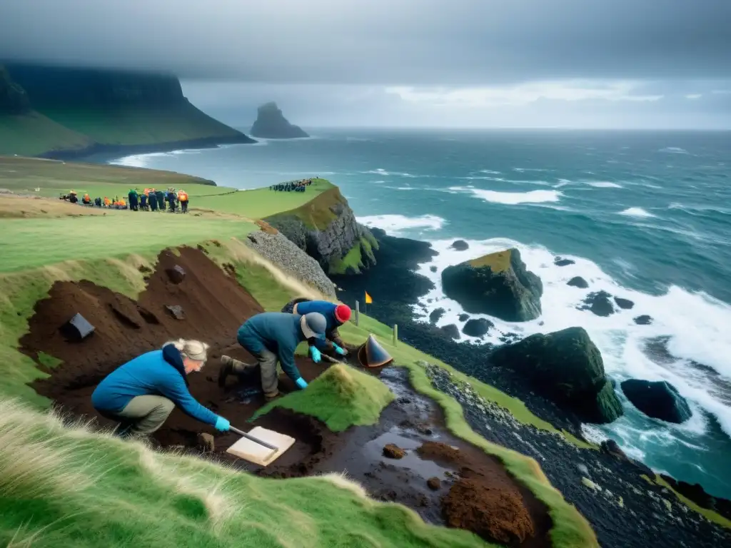 Excavación de arqueólogos en sitio vikingo con vista al mar tormentoso