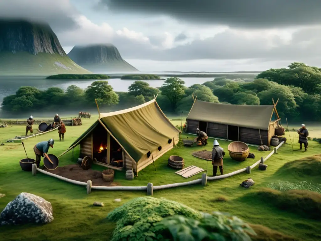Excavación detallada y análisis de artefactos en asentamiento vikingo rodeado de vegetación exuberante