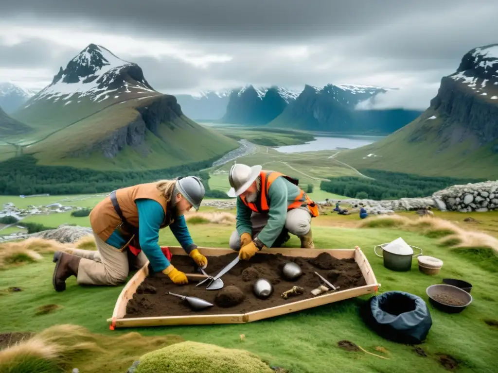 Excavación detallada de arqueólogos en sitio vikingo, revelando artefactos antiguos