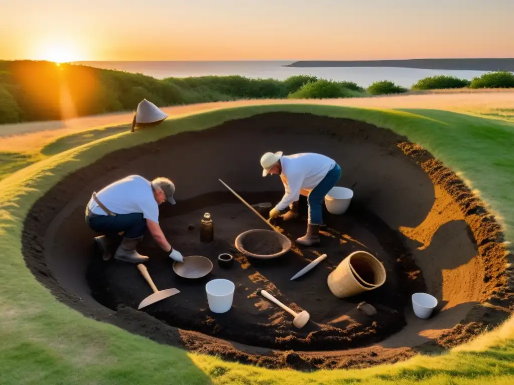 Excavación detallada de arqueólogos en un yacimiento vikingo al atardecer