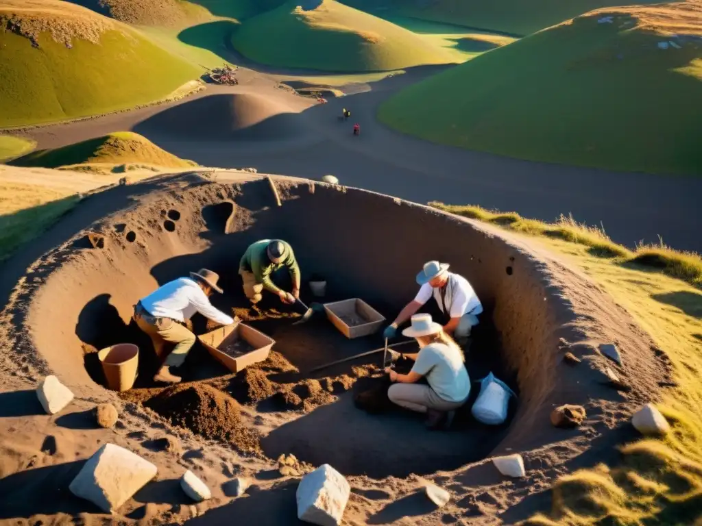 Excavación de entierro vikingo al atardecer, revelando artefactos antiguos y huesos