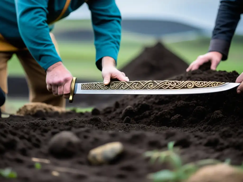 Excavación de una espada vikinga ornamental en un yacimiento, arqueólogos documentan descubrimiento