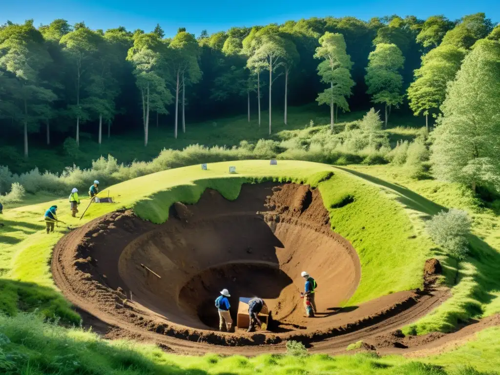 Excavación de montículos funerarios nórdicos en un bosque verde bajo cielo azul, arqueólogos descubriendo antigüedades