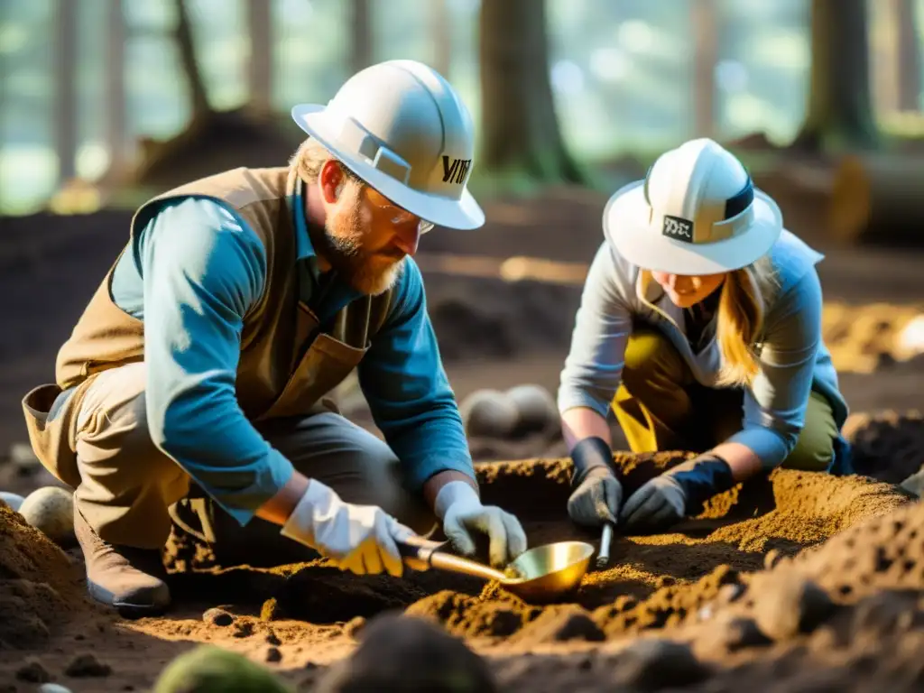 Excavación de joyas vikingas bajo la luz del sol en un sitio arqueológico