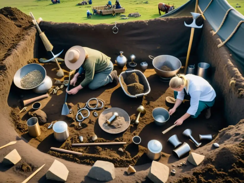 Excavación de joyas vikingas en sitio arqueológico, con materiales usados en joyas vikingas