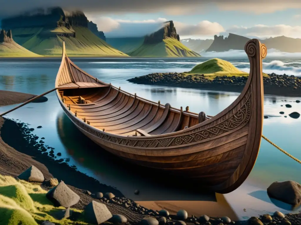 Excavación de legado vikingo en Islandia: un drakkar con tallados detallados, arqueólogos y paisaje islandés