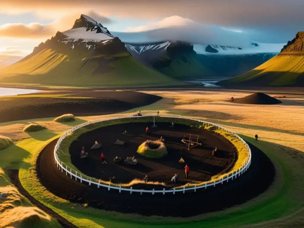 Excavación de la saga Eirík el Rojo vikingos viajes en sitio arqueológico islandés con barco vikingo y montañas nevadas al atardecer