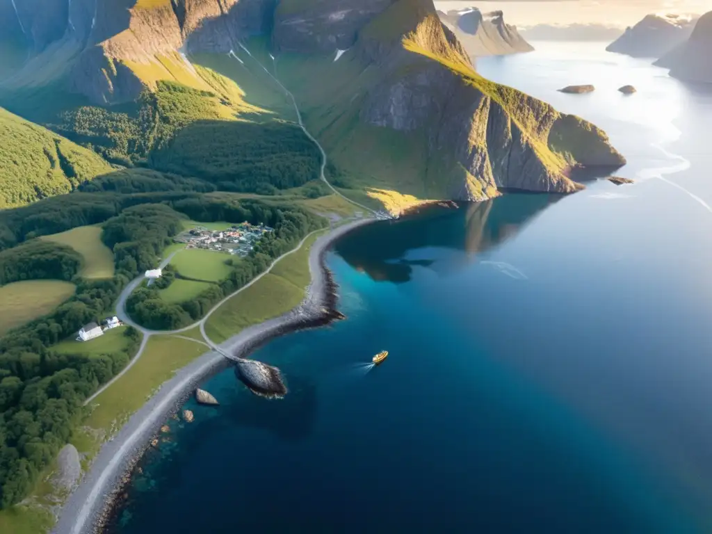 Excavación de tesoros vikingos en un fiordo noruego, bañada por la luz dorada del atardecer