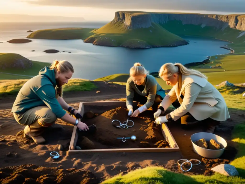 Excavación de tesoros vikingos: joyas descubiertas con cuidado en paisaje escandinavo al amanecer