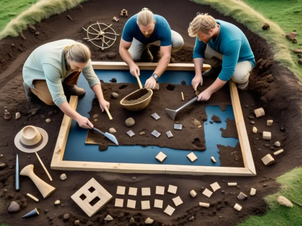 Excavación de tumba vikinga, equipo de arqueólogos descubriendo piezas de puzzle vikingas desafiantes bajo el cielo nórdico