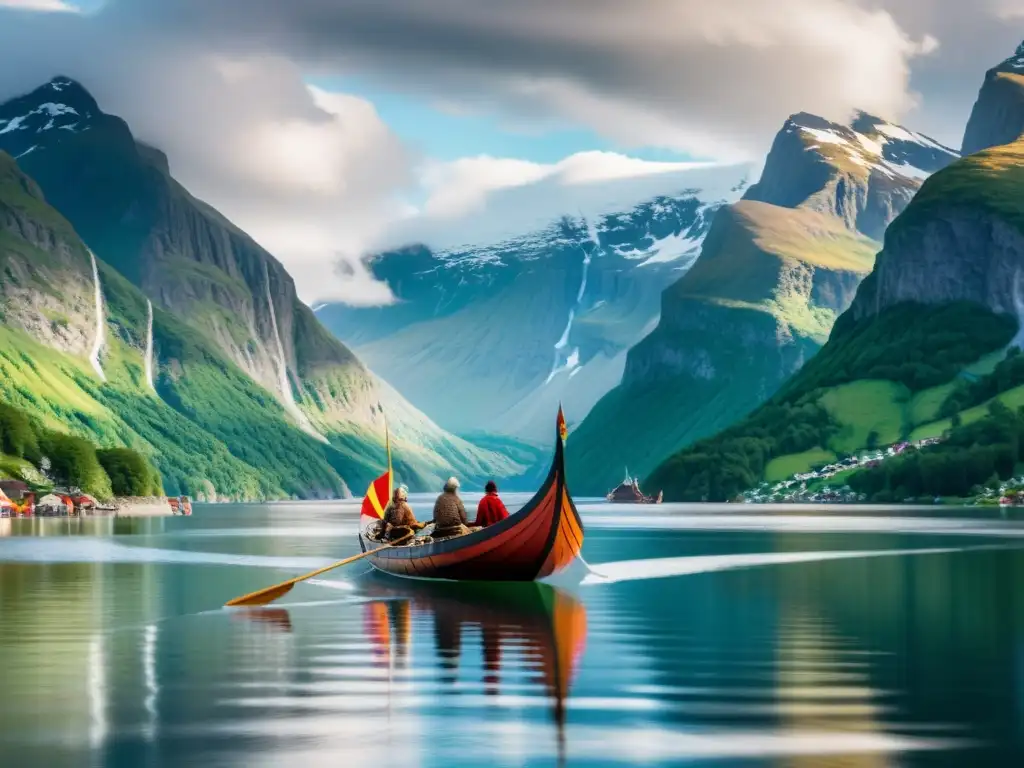 Exhibiciones de barcos vikingos en festivales: un majestuoso drakkar navegando por un fiordo con montañas nevadas al fondo y vikingos remando