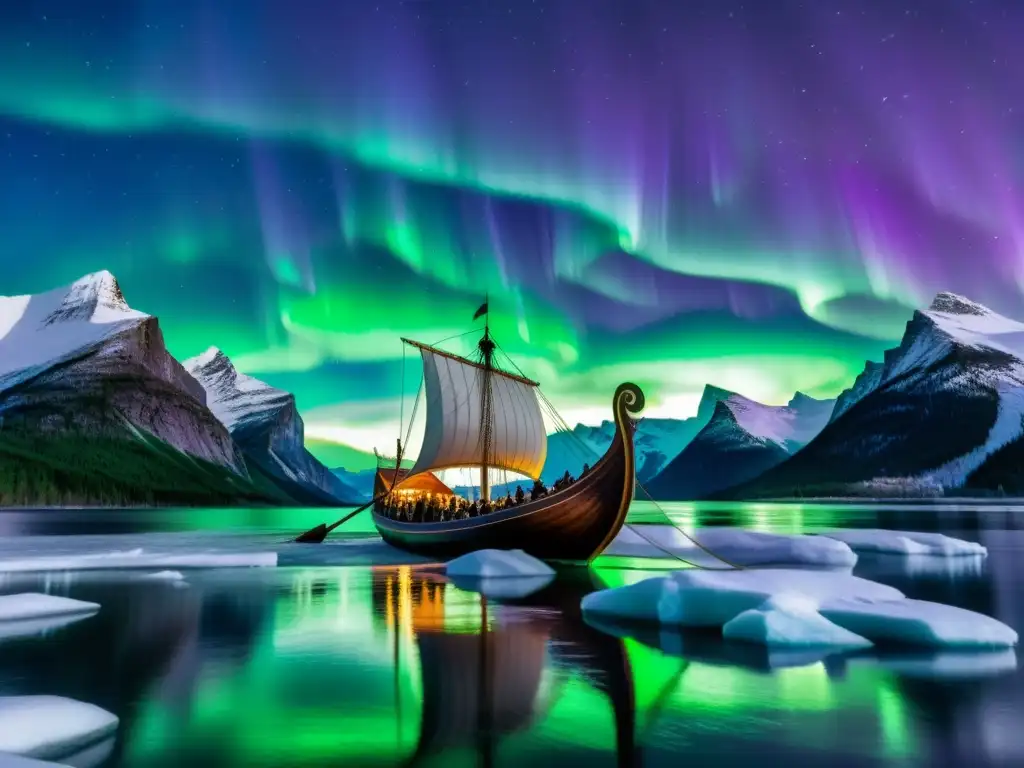 Una expedición vikinga en un barco detallado bajo las luces del norte, con montañas nevadas