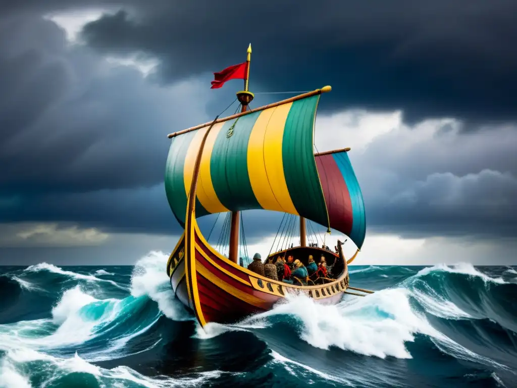 Expediciones vikingas en el Atlántico: Un drakkar vikingo surca las aguas tormentosas con cielos amenazantes