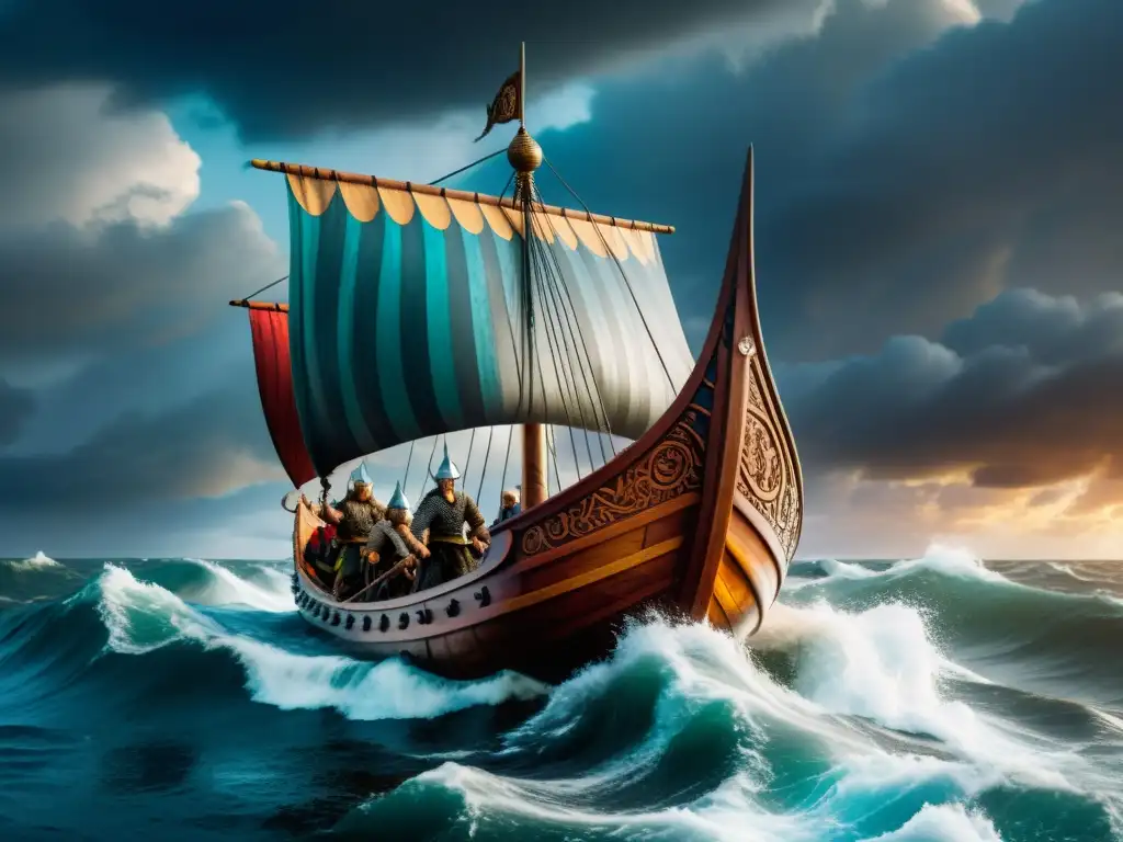 Expediciones vikingas: barco navegando en mares turbulentos con guerreros y cielo dramático