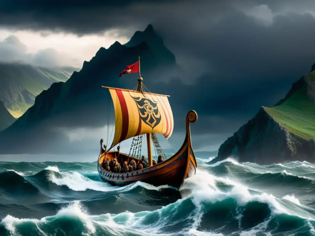 Expediciones vikingas al Caspio: un largo barco vikingo surca aguas turbulentas bajo un cielo tormentoso y montañas al fondo