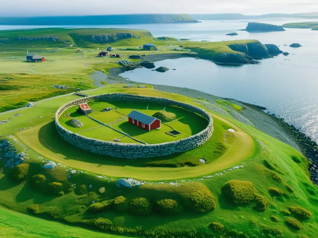 Explora las Expediciones Vikingas en América en L'Anse aux Meadows, Canadá, con restos arqueológicos y paisajes salvajes al amanecer