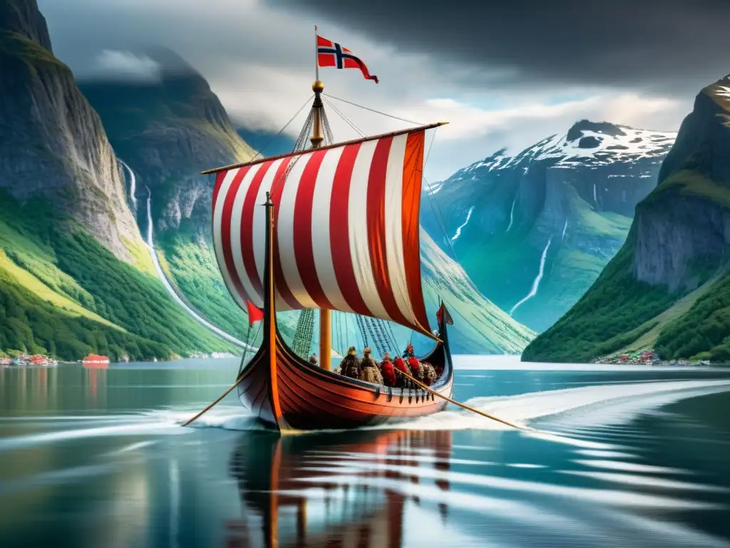 Expediciones vikingas en Noruega: Majestuoso drakkar navegando por los fiordos noruegos, con guerreros vikingos y montañas imponentes