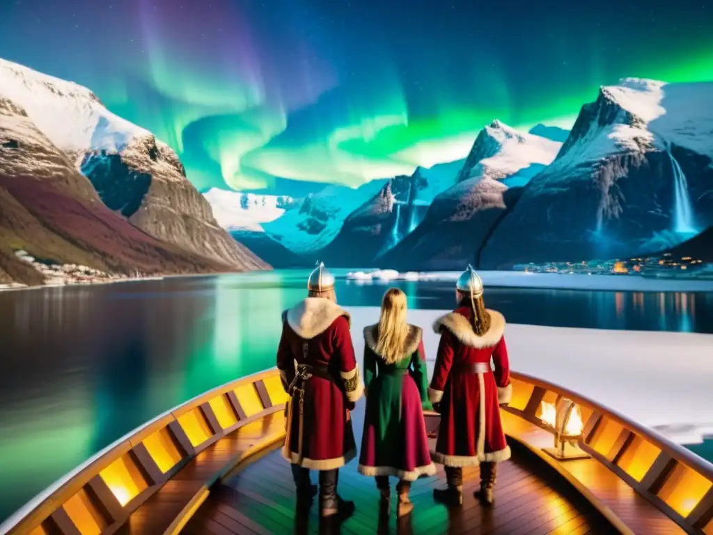 Expediciones vikingas en Noruega: Exploradores vikingos navegan un fiordo noruego bajo la aurora boreal