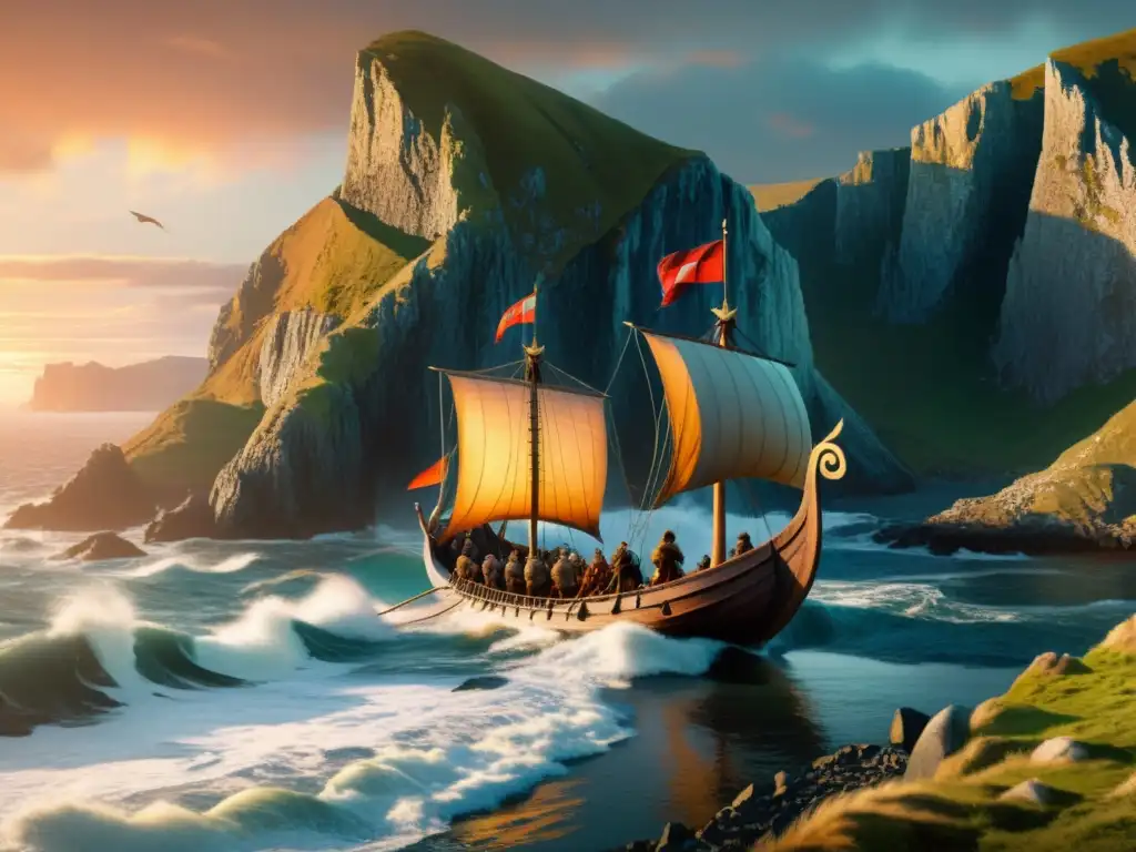 Expediciones vikingas en América: Vikingos explorando la costa en su barco, con acantilados y un aura de aventura al atardecer