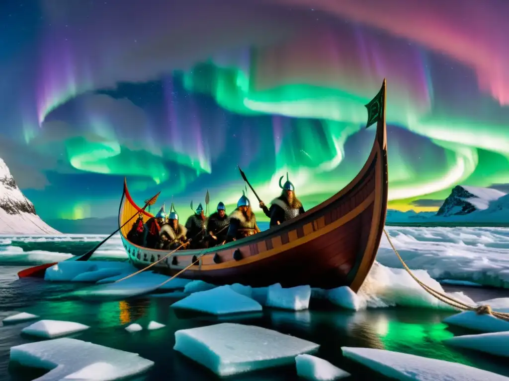 Expediciones vikingas en América: Vikingos en un navío bajo auroras boreales en gélidas aguas