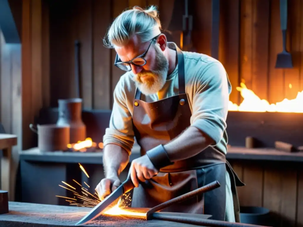 Un experimentado herrero forja una espada vikinga en su taller, con chispas volando y detalles auténticos