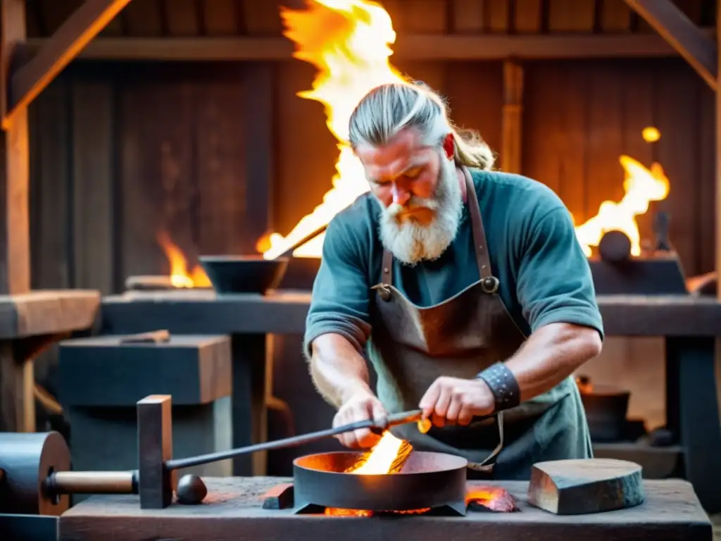 El experimentado herrero vikingo forja un amuleto en su taller, rodeado de llamas y herramientas antiguas