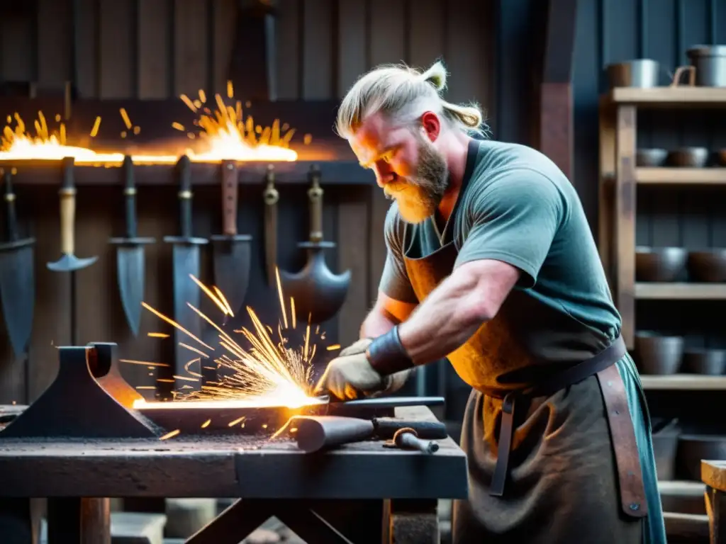 Un experimentado herrero vikingo forja el arte del acero Ulfberht en su taller, rodeado de herramientas y chispas