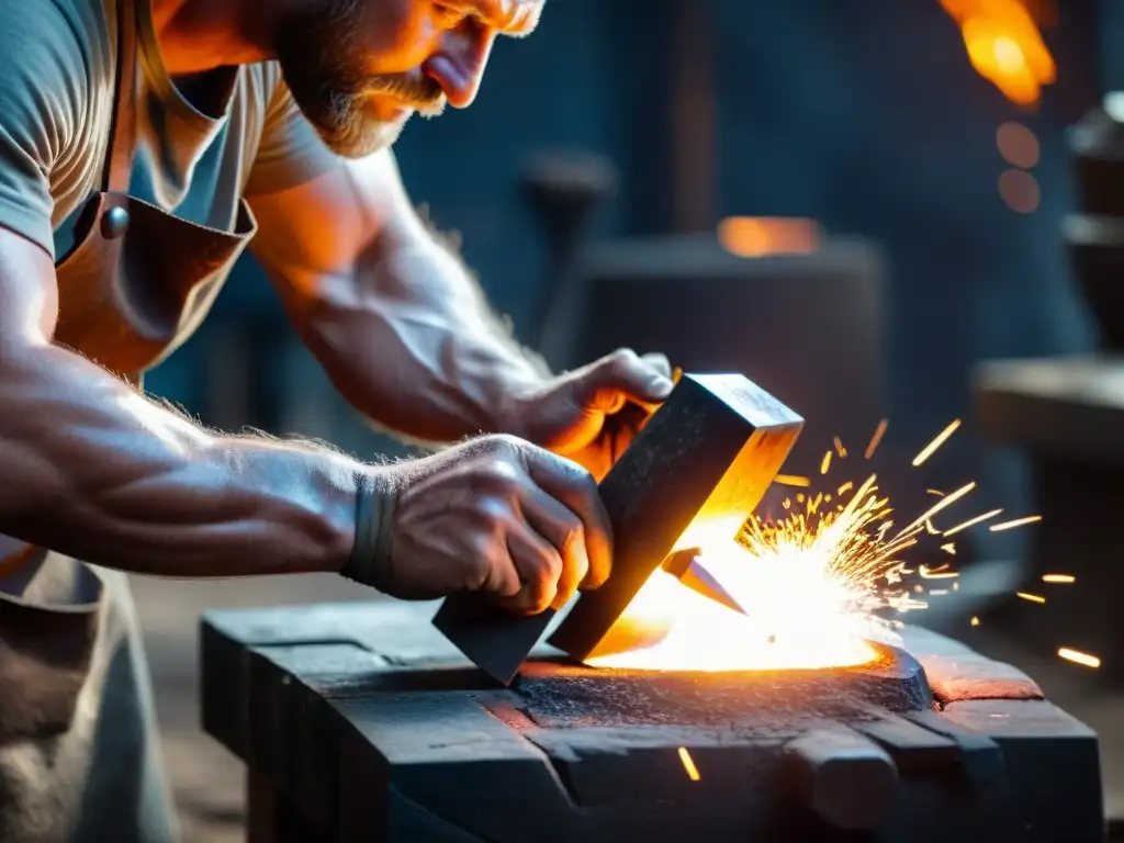 Un experimentado herrero forja una réplica perfecta del Martillo de Thor en su taller oscuro, entre chispas y herramientas de la época vikinga