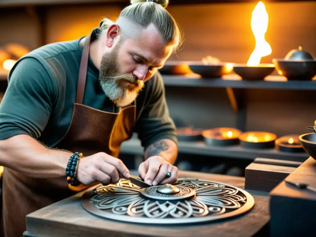 Un experto artesano moldea con destreza un intrincado broche vikingo, resaltando el valor de las joyas vikingas en su taller iluminado por la forja