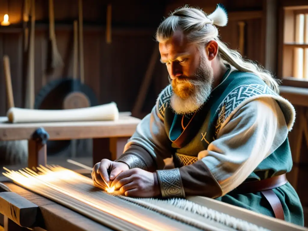 Un experto artesano vikingo tejiendo patrones en lino en un telar tradicional