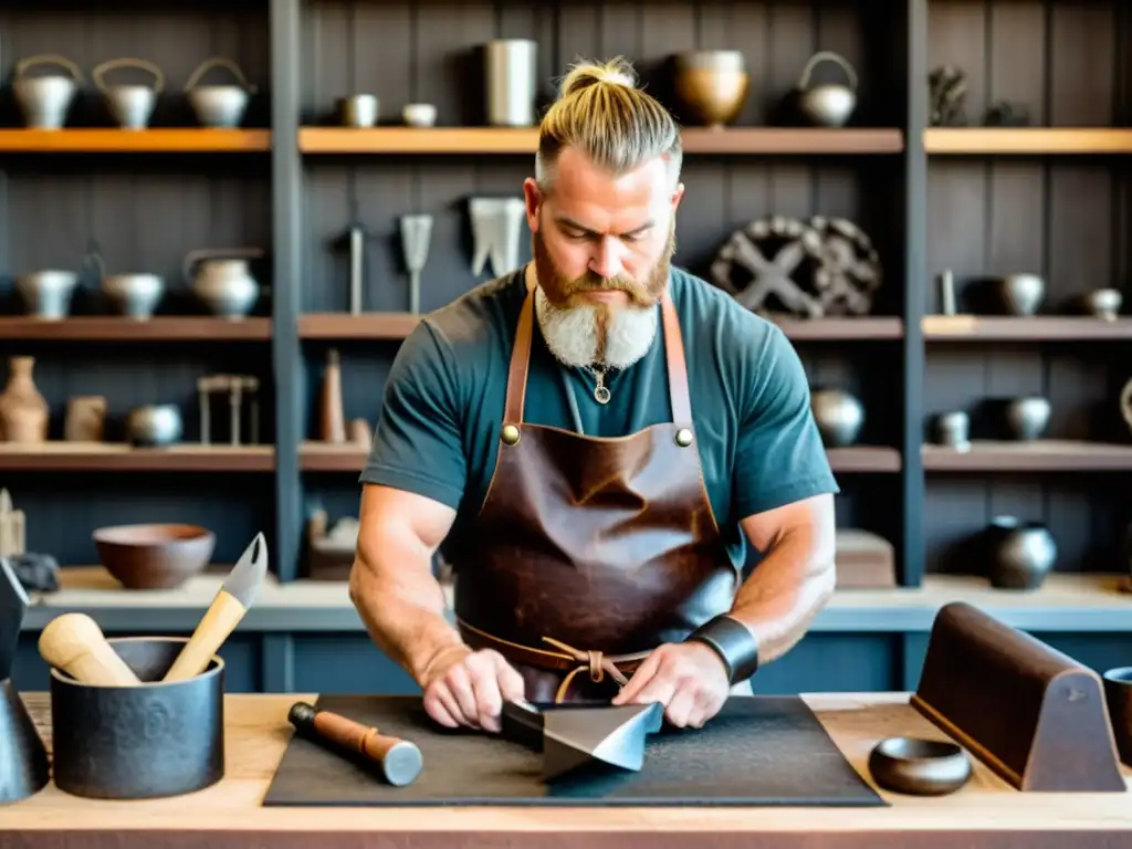 Un experto forjador crea joyería inspirada en la era vikinga, mostrando dedicación y arte