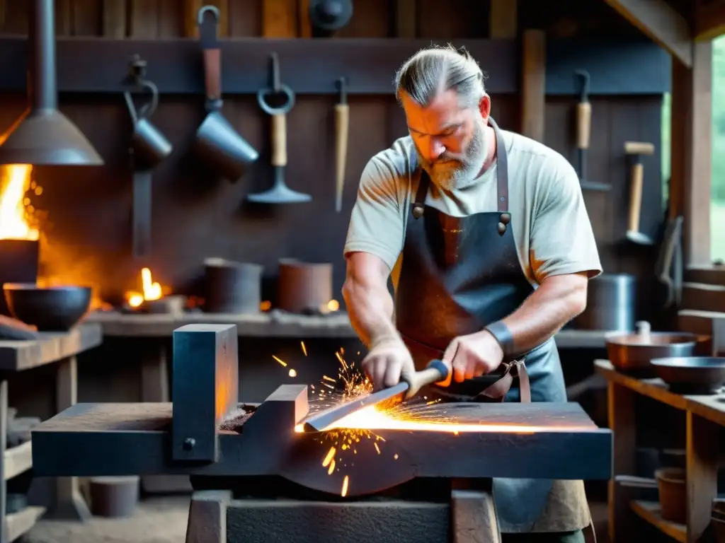 Experto herrero forjando metal en taller de herrería estilo vikingo