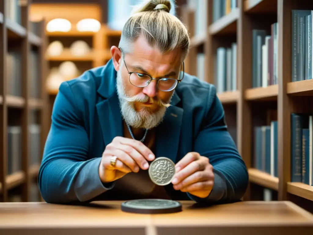 Experto en monedas vikingas antiguas examina detalladamente una moneda de plata vikinga bajo lupa, en ambiente de estudio histórico