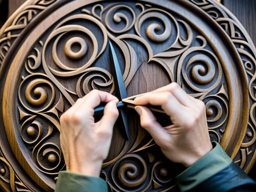 Un experto tallador en madera graba con destreza símbolos vikingos en una pieza de madera oscura