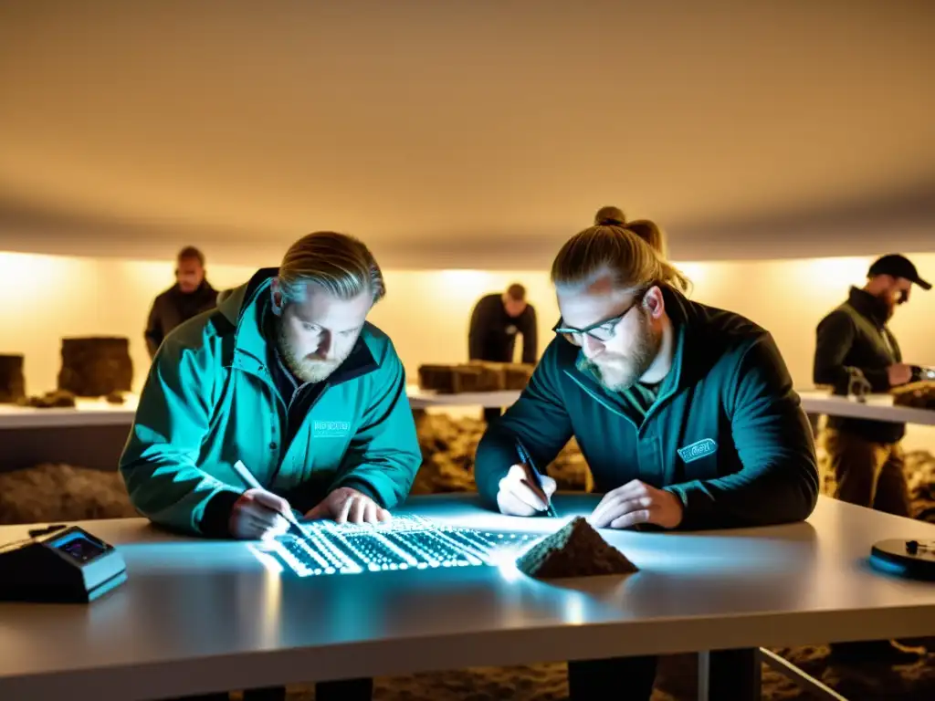 Expertos decodificando artefactos vikingos en laboratorio iluminado, usando tecnología avanzada para desvelar secretos antiguos