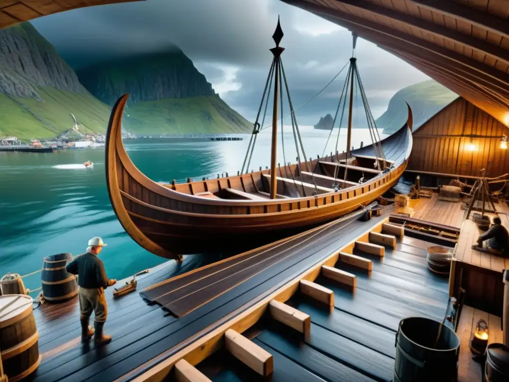 Construcción de un drakkar vikingo: artesanía naval en acción Expertos artesanos crean un barco vikingo en un astillero bullicioso, destacando la selección de materiales