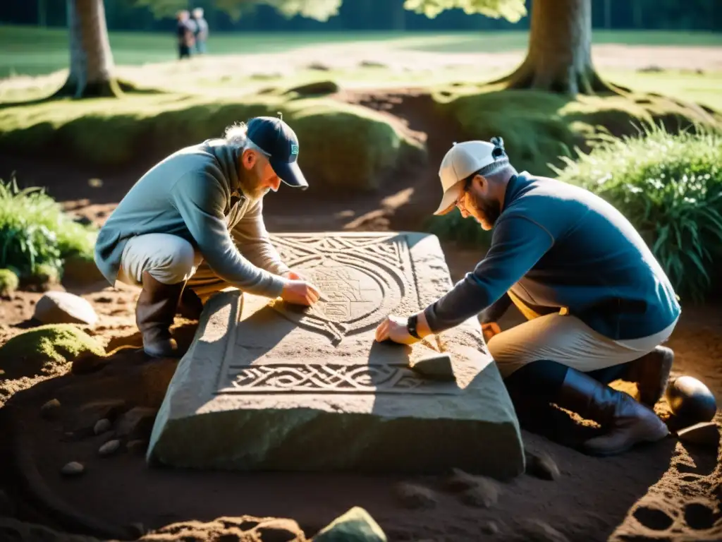 Expertos excavando una runa vikinga con delicadeza bajo el sol filtrándose entre los árboles