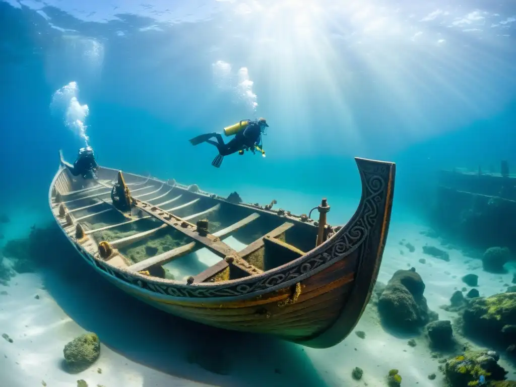 Exploración de un barco vikingo subacuático mientras arqueólogos marinos descubren sus secretos entre escuelas de peces y la luz del sol filtrándose