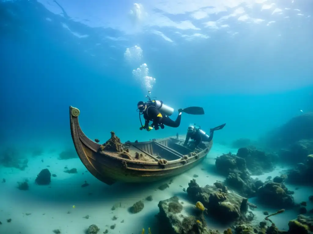 Exploración de barcos vikingos subacuáticos: equipo de arqueólogos submarinos documenta restos de una antigua nave en aguas cristalinas