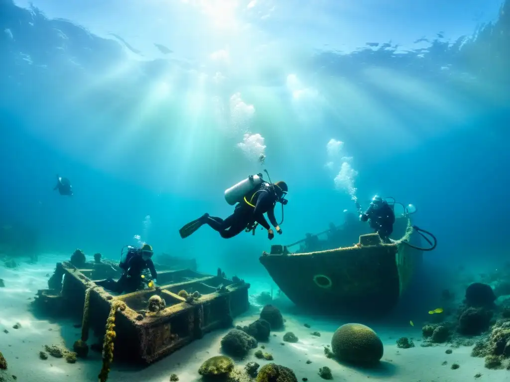 Exploración de buzos modernos en un naufragio vikingo rodeado de vida marina, iluminado por la luz solar