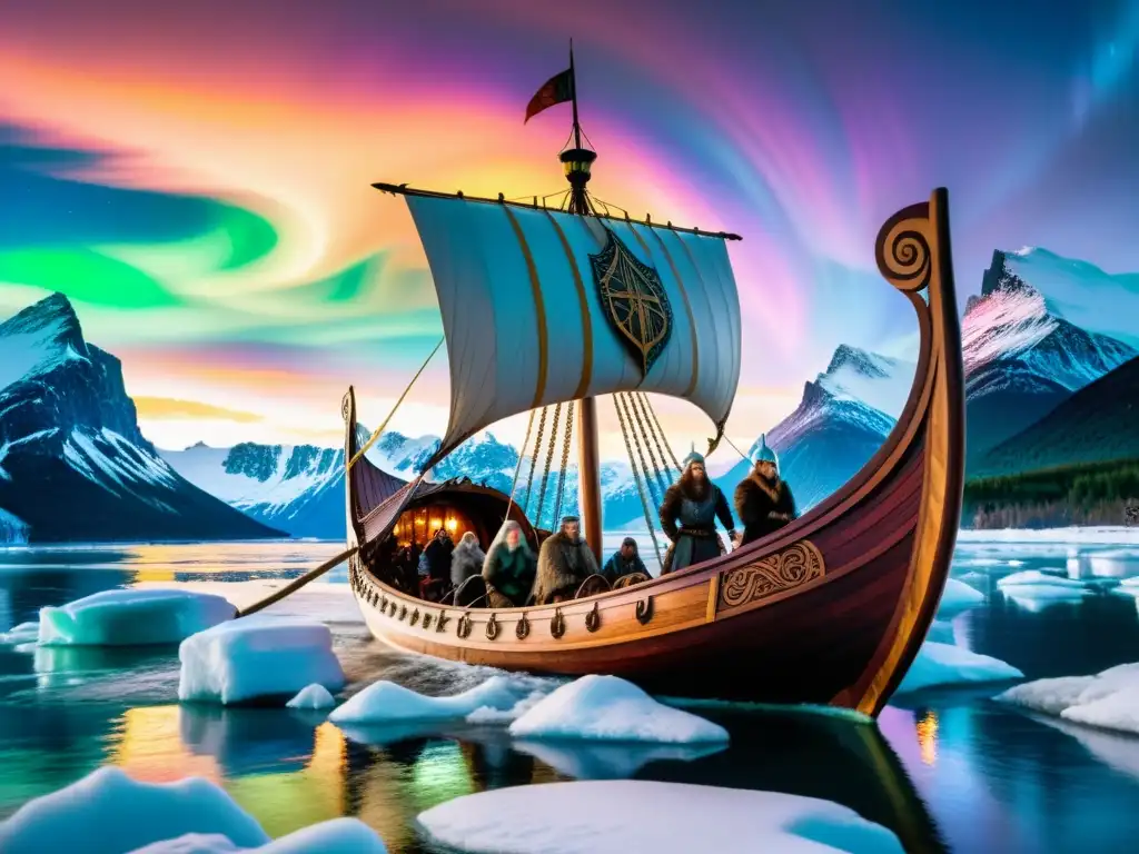 Una exploración vikinga en aguas heladas bajo auroras boreales, reflejando su mitología y legado en la actualidad