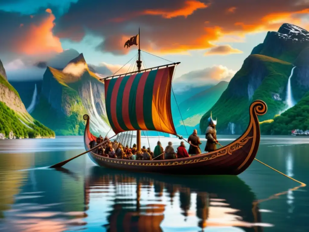 Descubre la exploración de la era vikinga en un épico atardecer en un fiordo, con un drakkar navegando y guerreros vikingos