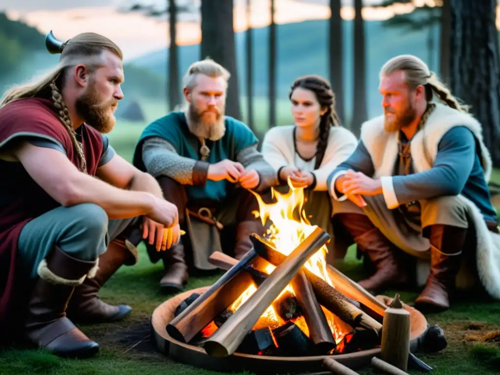 Exploración de la era vikinga: Grupo de recreación vikinga alrededor de una fogata en el bosque al anochecer, con actividades y vestimenta auténticas