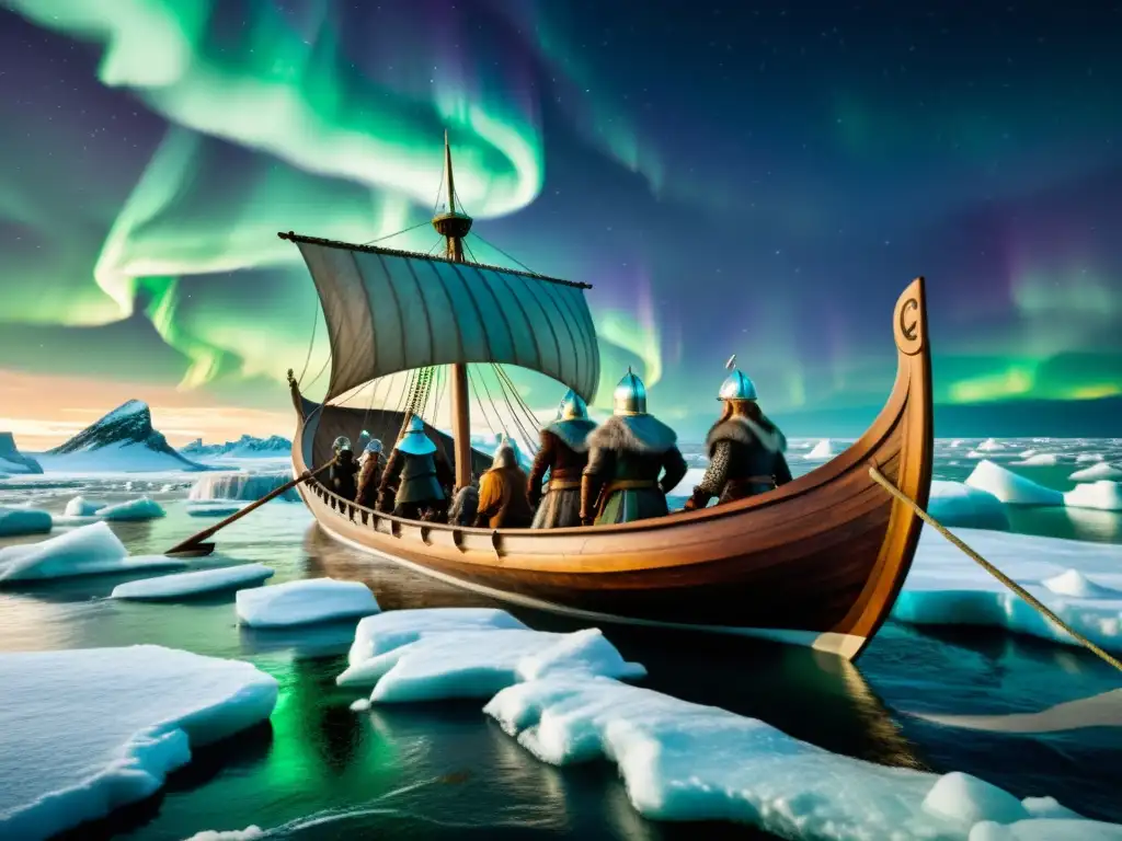 Exploración vikinga en América del Norte: Navegando en un drakkar por aguas heladas, con auroras boreales de fondo y guerreros vikingos