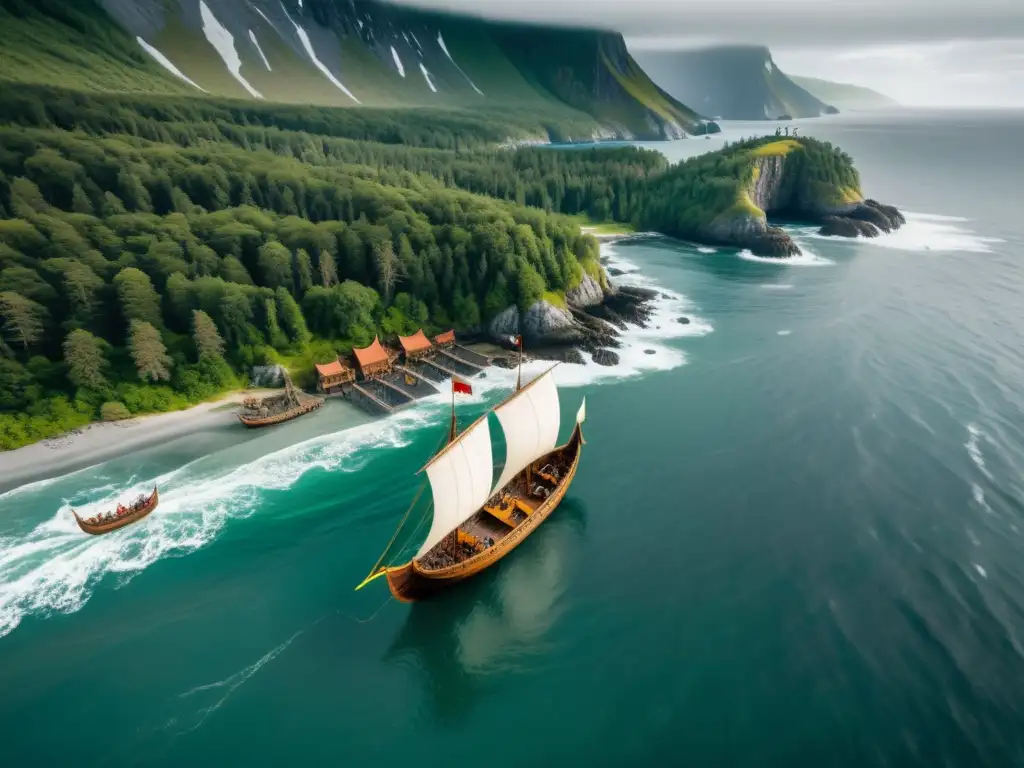 Exploración vikinga en América del Norte: Vikingos desembarcando de sus barcos en una costa virgen, rodeados de bosque denso