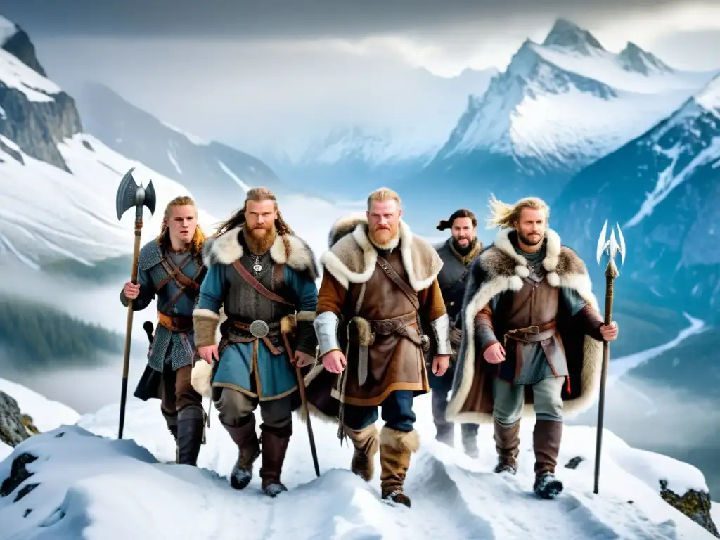 Exploración vikinga en los Alpes: Vikingos en feroz travesía por nevados picos, desafiando la naturaleza salvaje